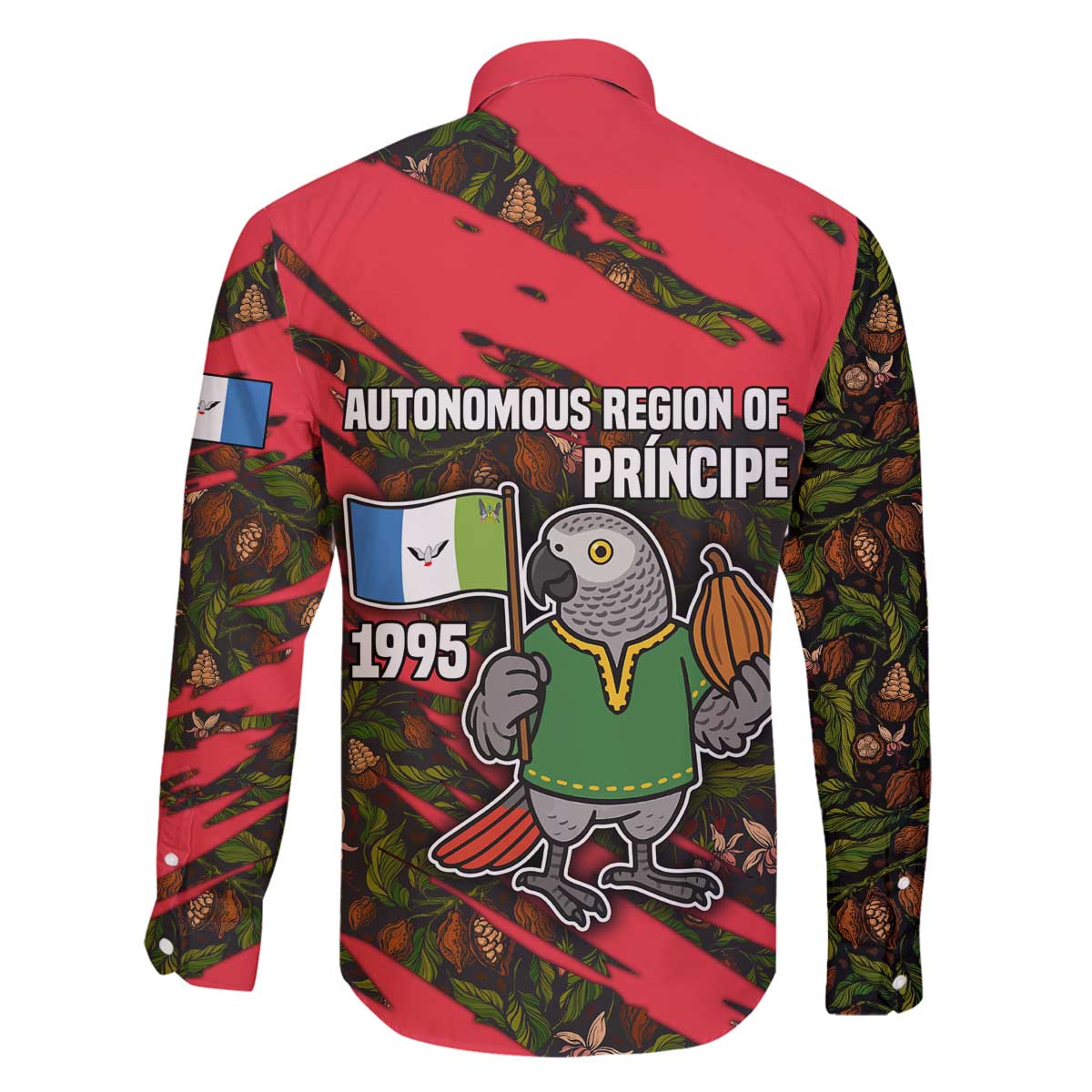 Principe Autonomous Region Family Matching Off The Shoulder Long Sleeve Dress and Hawaiian Shirt with Parrot Cacao and 1995 Flag Design - Wonder Print Shop
