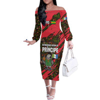Principe Autonomous Region Family Matching Off The Shoulder Long Sleeve Dress and Hawaiian Shirt with Parrot Cacao and 1995 Flag Design - Wonder Print Shop