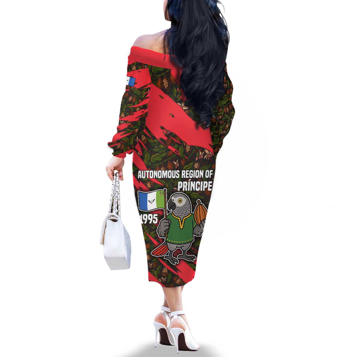 Principe Autonomous Region Family Matching Off The Shoulder Long Sleeve Dress and Hawaiian Shirt with Parrot Cacao and 1995 Flag Design - Wonder Print Shop