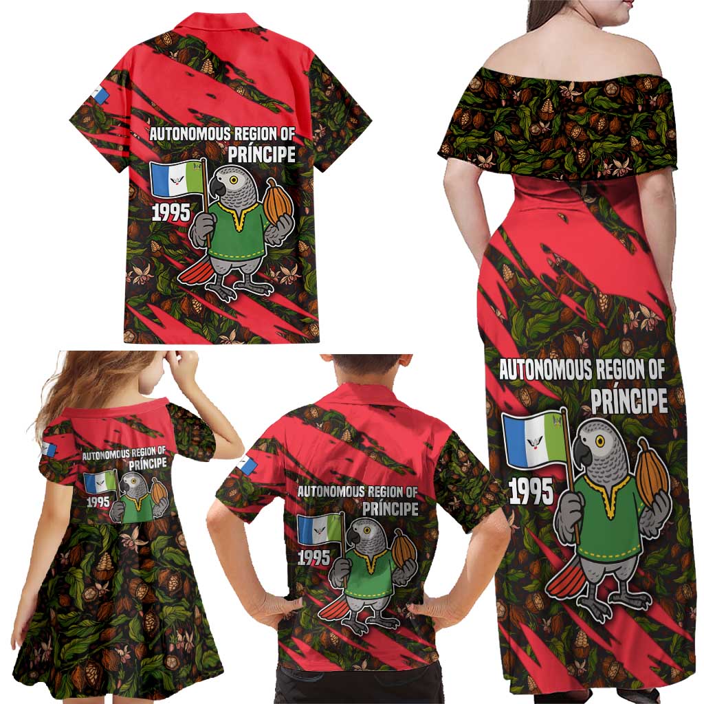 Principe Autonomous Region Family Matching Off Shoulder Maxi Dress and Hawaiian Shirt with Parrot Cacao and 1995 Flag Design - Wonder Print Shop
