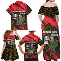 Principe Autonomous Region Family Matching Off Shoulder Maxi Dress and Hawaiian Shirt with Parrot Cacao and 1995 Flag Design - Wonder Print Shop