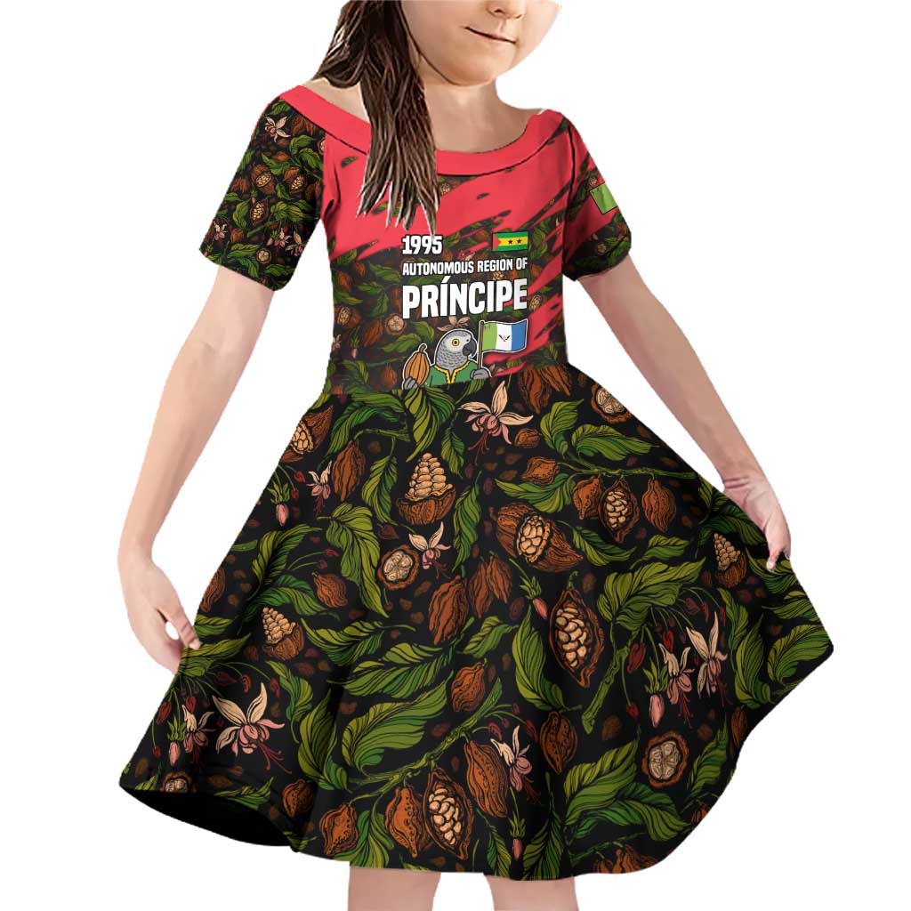 Principe Autonomous Region Family Matching Off Shoulder Short Dress and Hawaiian Shirt with Parrot Cacao and 1995 Flag Design - Wonder Print Shop