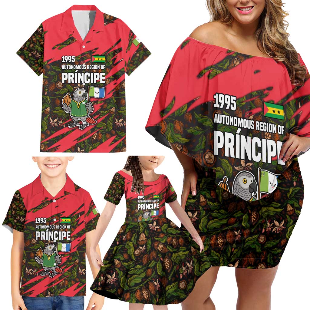 Principe Autonomous Region Family Matching Off Shoulder Short Dress and Hawaiian Shirt with Parrot Cacao and 1995 Flag Design - Wonder Print Shop