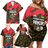 Principe Autonomous Region Family Matching Off Shoulder Short Dress and Hawaiian Shirt with Parrot Cacao and 1995 Flag Design - Wonder Print Shop