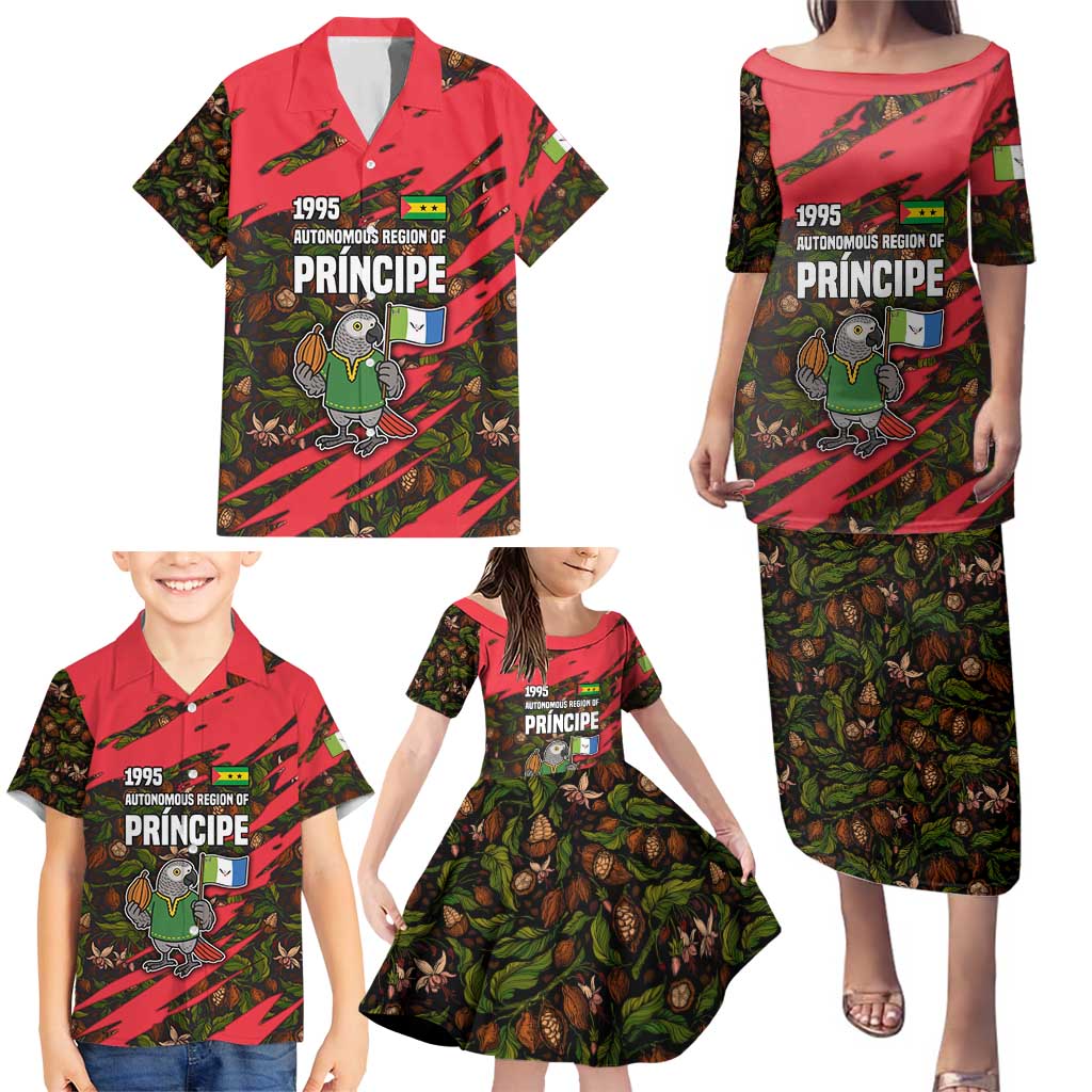 Principe Autonomous Region Family Matching Puletasi and Hawaiian Shirt with Parrot Cacao and 1995 Flag Design - Wonder Print Shop