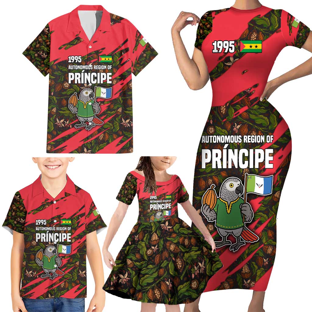Principe Autonomous Region Family Matching Short Sleeve Bodycon Dress and Hawaiian Shirt with Parrot Cacao and 1995 Flag Design - Wonder Print Shop