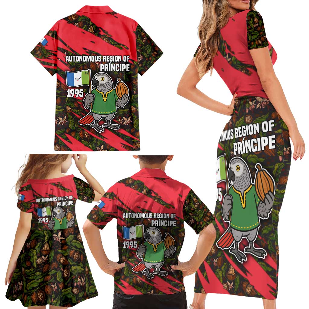 Principe Autonomous Region Family Matching Short Sleeve Bodycon Dress and Hawaiian Shirt with Parrot Cacao and 1995 Flag Design - Wonder Print Shop