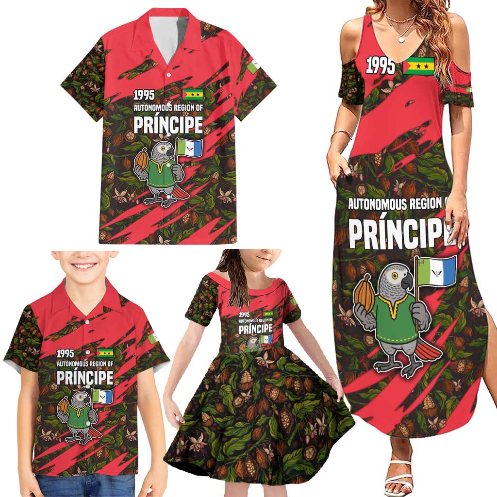 Principe Autonomous Region Family Matching Summer Maxi Dress and Hawaiian Shirt with Parrot Cacao and 1995 Flag Design - Wonder Print Shop