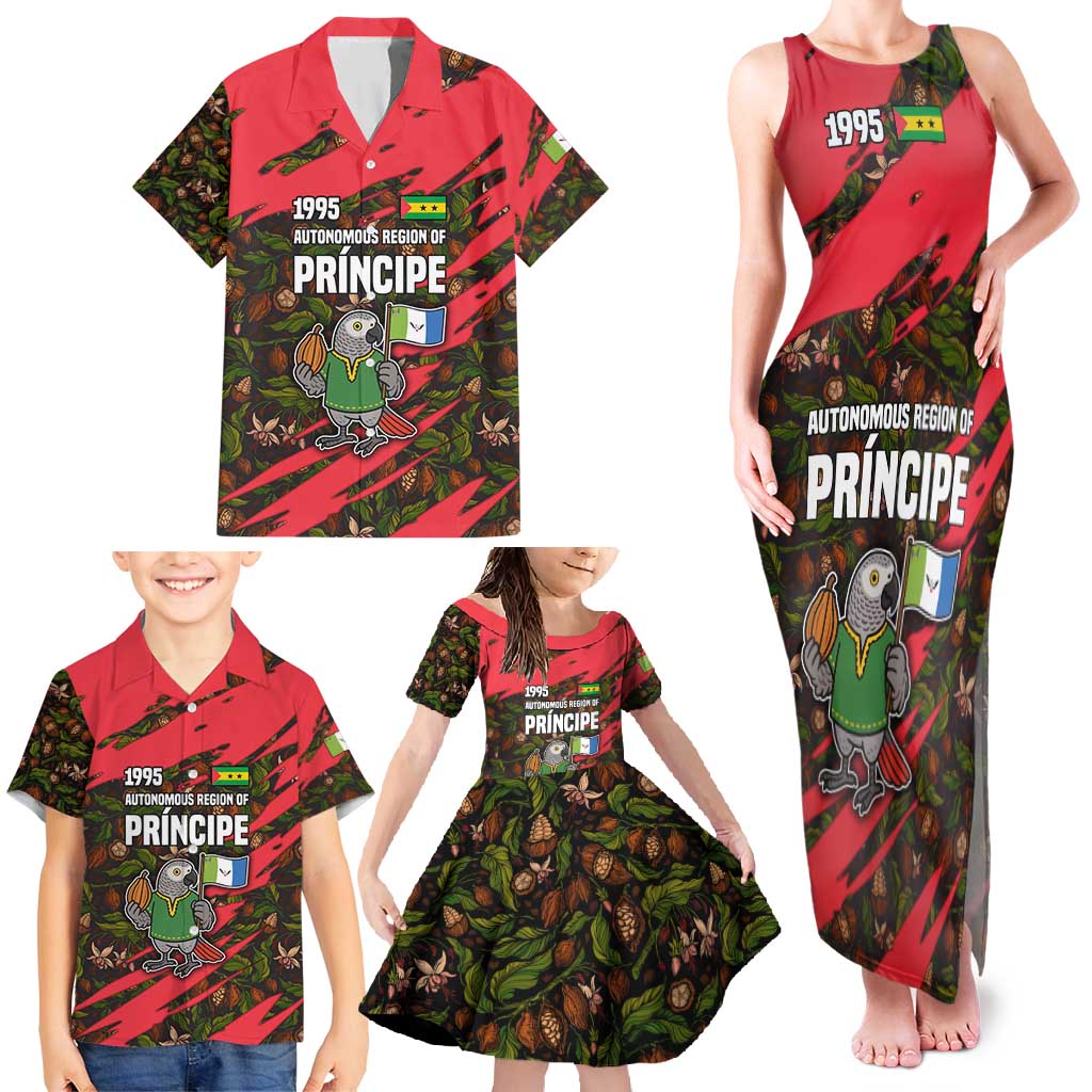 Principe Autonomous Region Family Matching Tank Maxi Dress and Hawaiian Shirt with Parrot Cacao and 1995 Flag Design - Wonder Print Shop