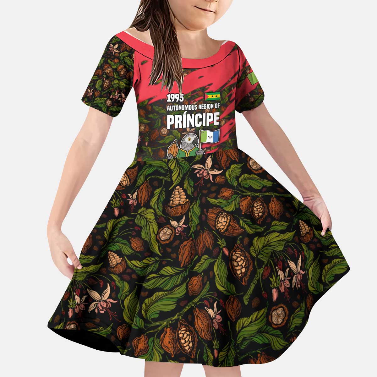 Principe Autonomous Region Kid Short Sleeve Dress with Parrot Cacao and 1995 Flag Design - Wonder Print Shop