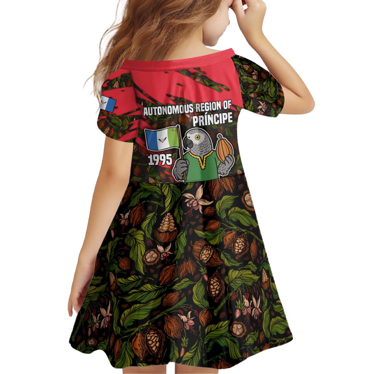 Principe Autonomous Region Kid Short Sleeve Dress with Parrot Cacao and 1995 Flag Design - Wonder Print Shop