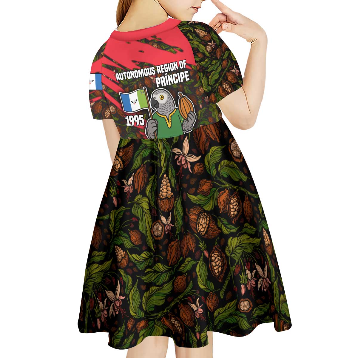 Principe Autonomous Region Kid Short Sleeve Dress with Parrot Cacao and 1995 Flag Design - Wonder Print Shop