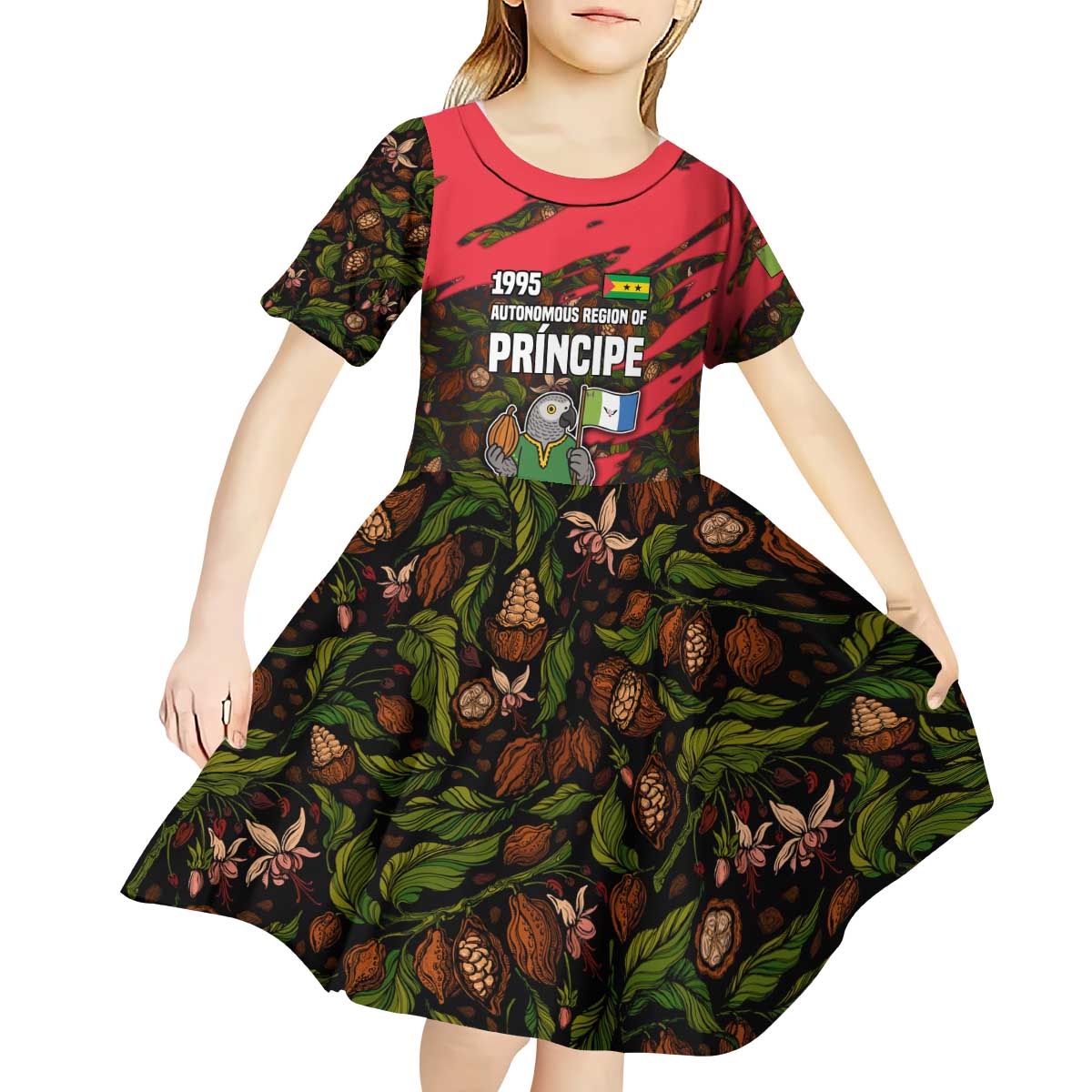 Principe Autonomous Region Kid Short Sleeve Dress with Parrot Cacao and 1995 Flag Design - Wonder Print Shop