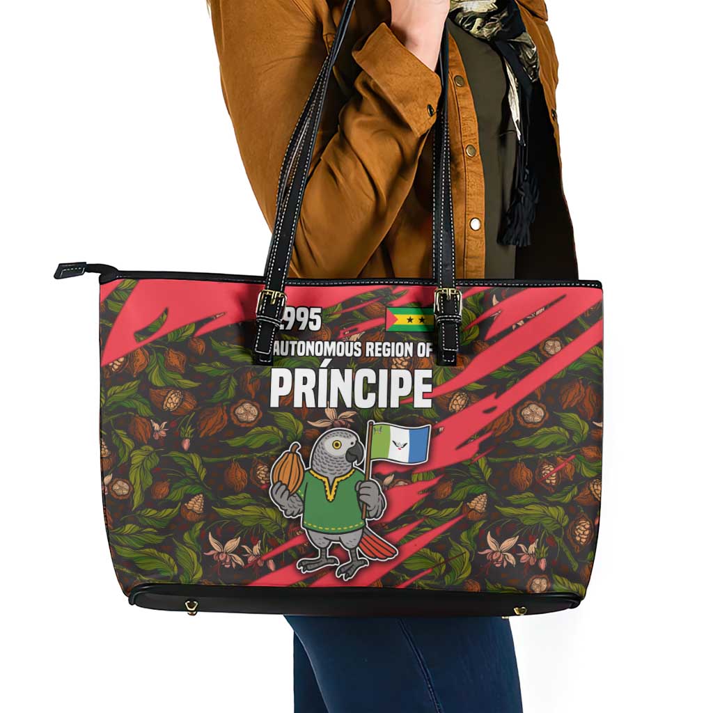 Principe Autonomous Region Leather Tote Bag with Parrot Cacao and 1995 Flag Design - Wonder Print Shop