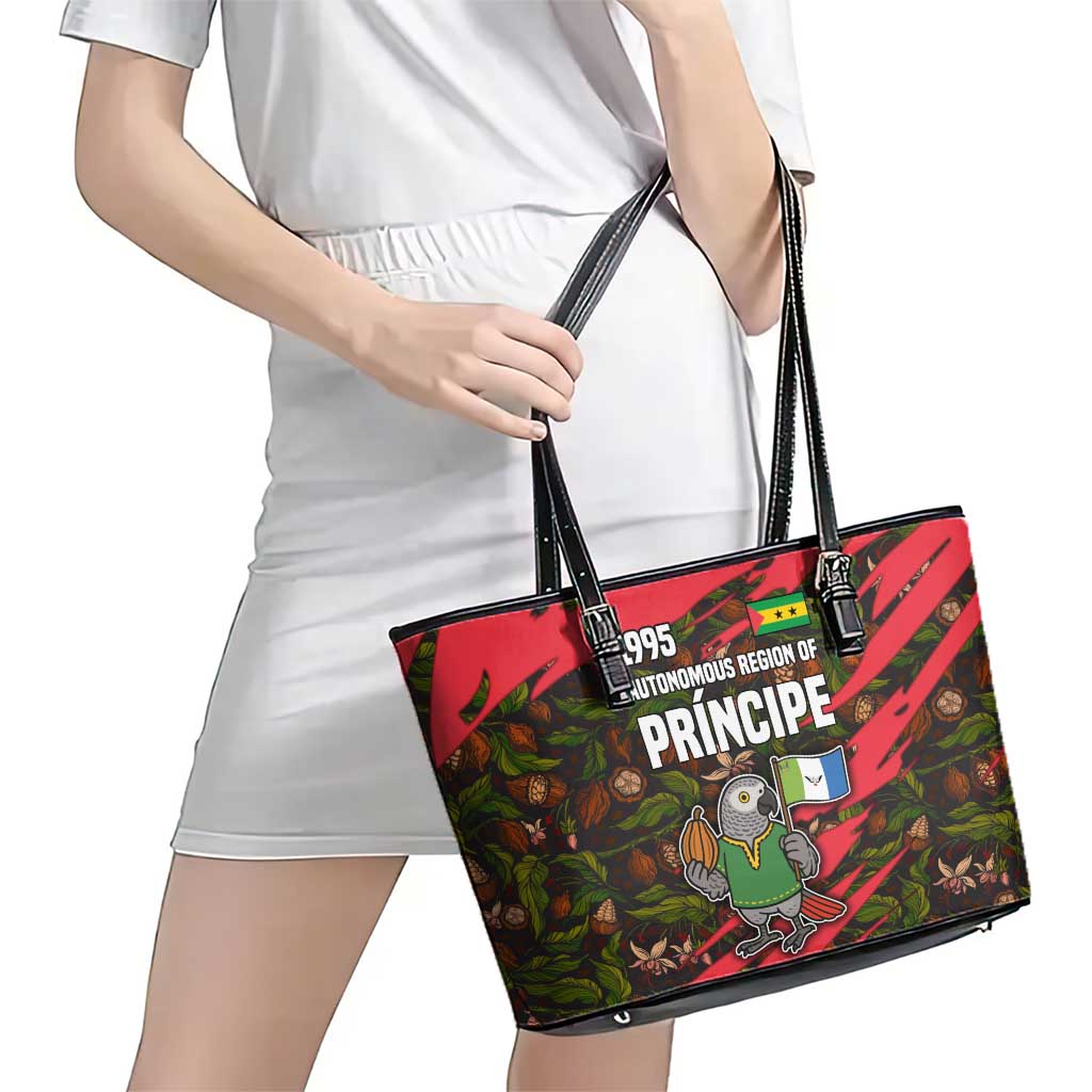 Principe Autonomous Region Leather Tote Bag with Parrot Cacao and 1995 Flag Design - Wonder Print Shop