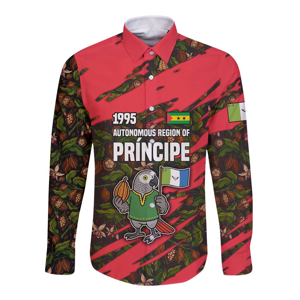 Principe Autonomous Region Long Sleeve Button Shirt with Parrot Cacao and 1995 Flag Design - Wonder Print Shop