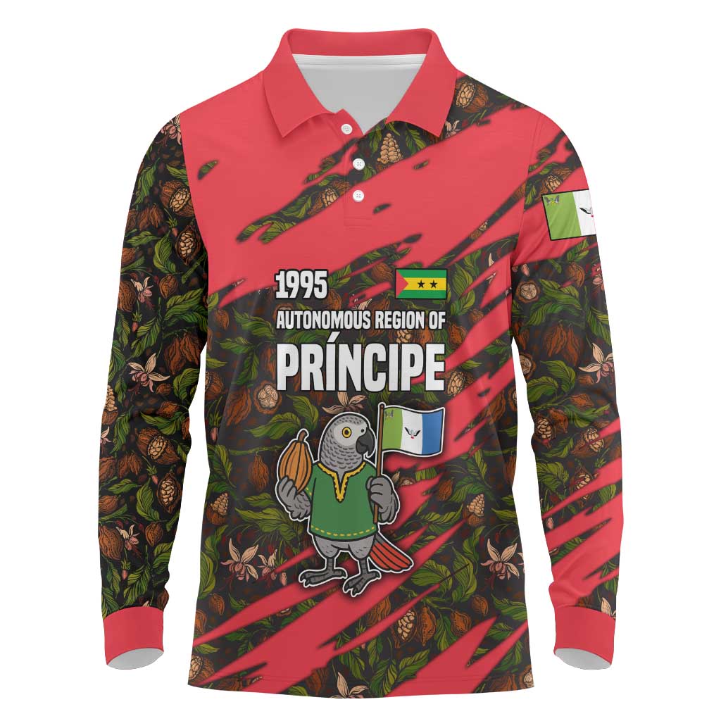 Principe Autonomous Region Long Sleeve Polo Shirt with Parrot Cacao and 1995 Flag Design - Wonder Print Shop