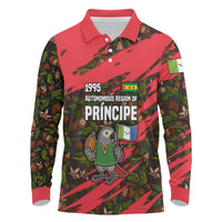 Principe Autonomous Region Long Sleeve Polo Shirt with Parrot Cacao and 1995 Flag Design - Wonder Print Shop