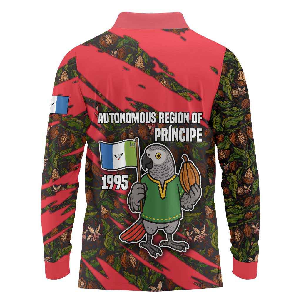 Principe Autonomous Region Long Sleeve Polo Shirt with Parrot Cacao and 1995 Flag Design - Wonder Print Shop
