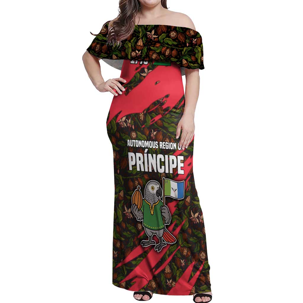 Principe Autonomous Region Off Shoulder Maxi Dress with Parrot Cacao and 1995 Flag Design - Wonder Print Shop