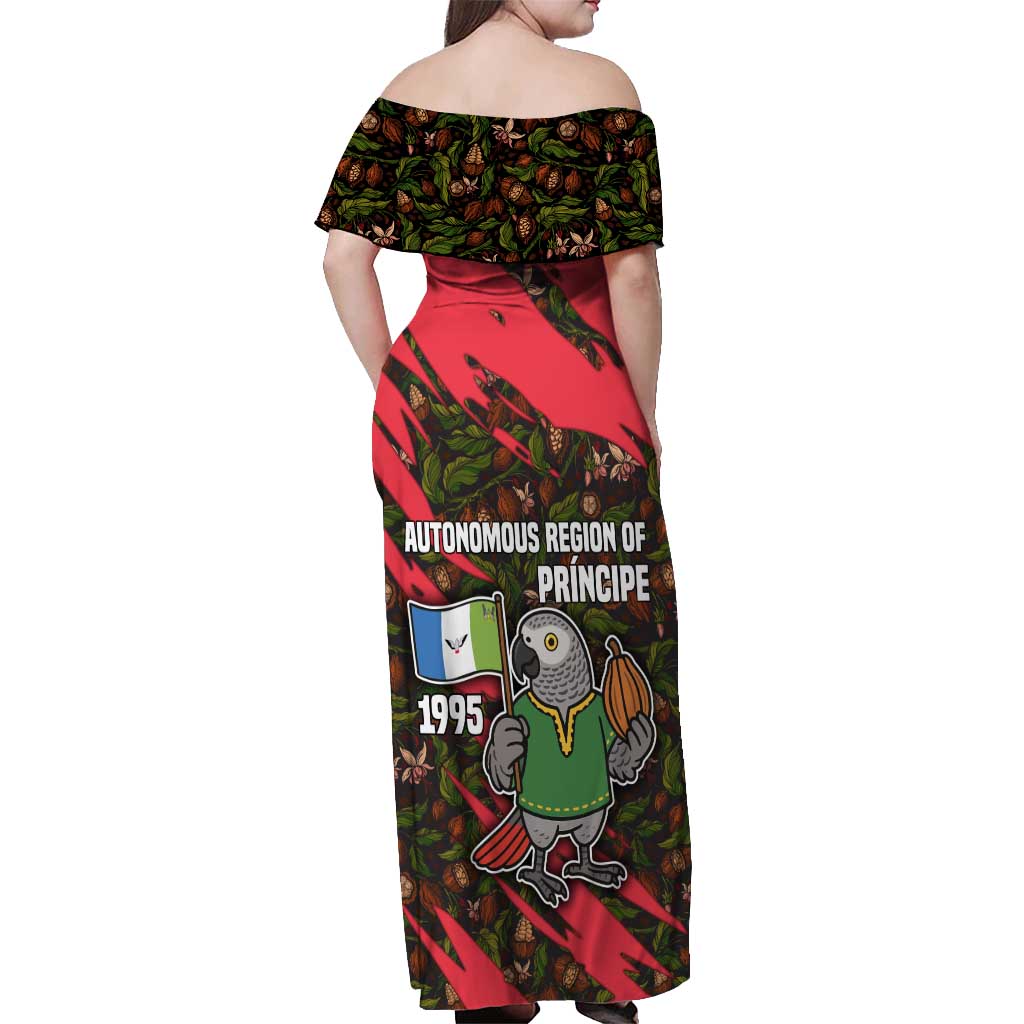 Principe Autonomous Region Off Shoulder Maxi Dress with Parrot Cacao and 1995 Flag Design - Wonder Print Shop