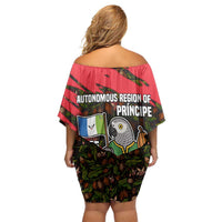 Principe Autonomous Region Off Shoulder Short Dress with Parrot Cacao and 1995 Flag Design - Wonder Print Shop