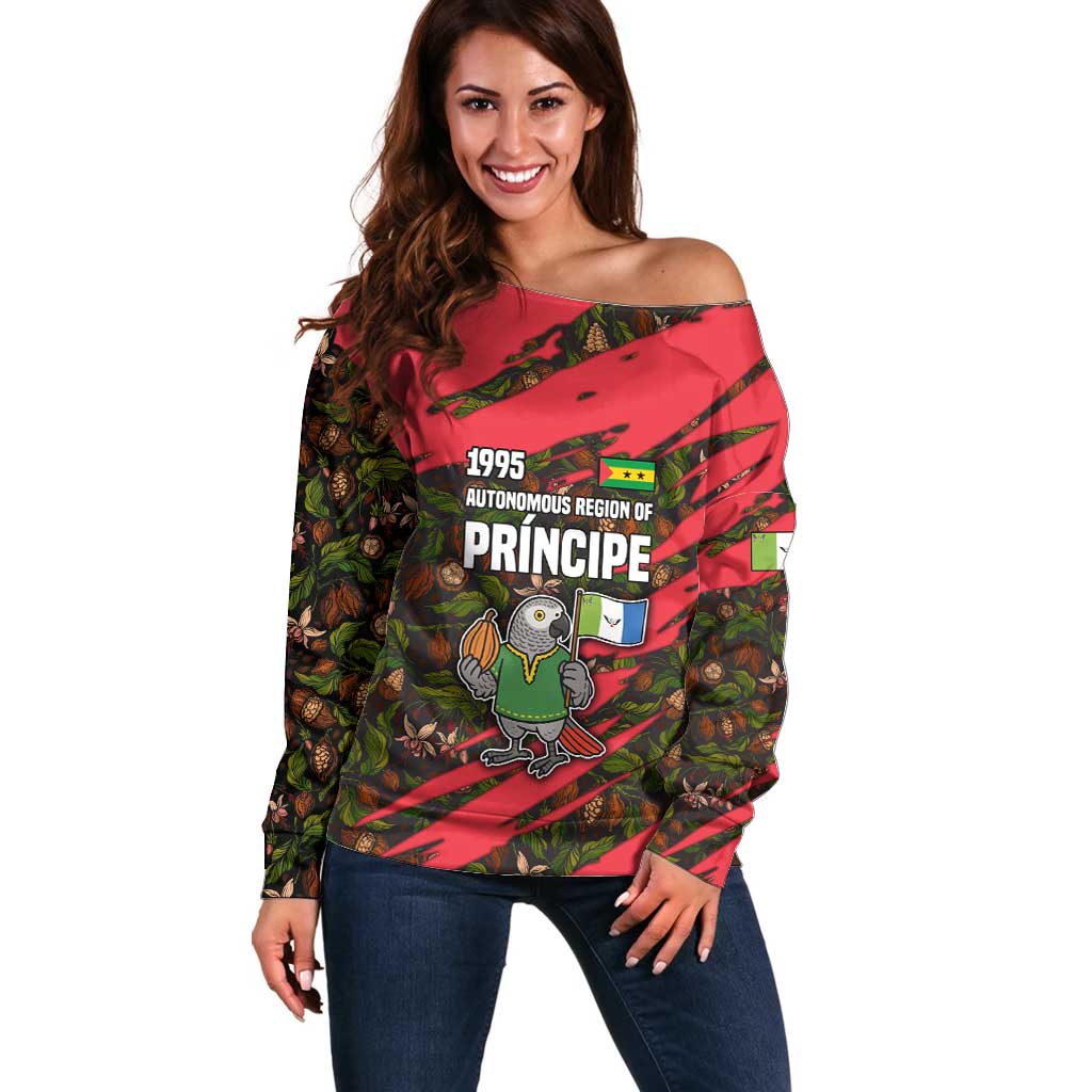 Principe Autonomous Region Off Shoulder Sweater with Parrot Cacao and 1995 Flag Design - Wonder Print Shop