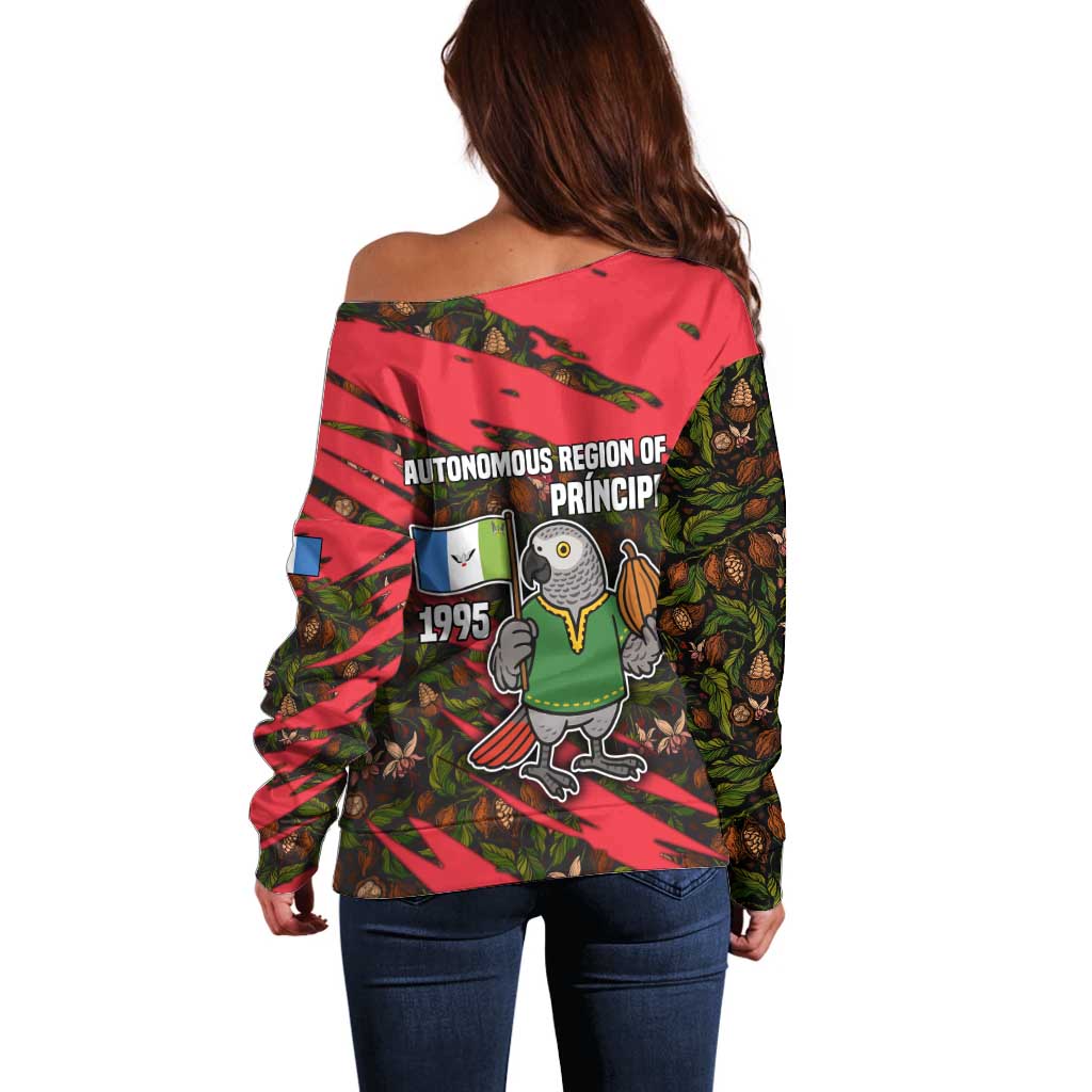 Principe Autonomous Region Off Shoulder Sweater with Parrot Cacao and 1995 Flag Design - Wonder Print Shop