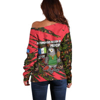 Principe Autonomous Region Off Shoulder Sweater with Parrot Cacao and 1995 Flag Design - Wonder Print Shop