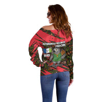 Principe Autonomous Region Off Shoulder Sweater with Parrot Cacao and 1995 Flag Design - Wonder Print Shop