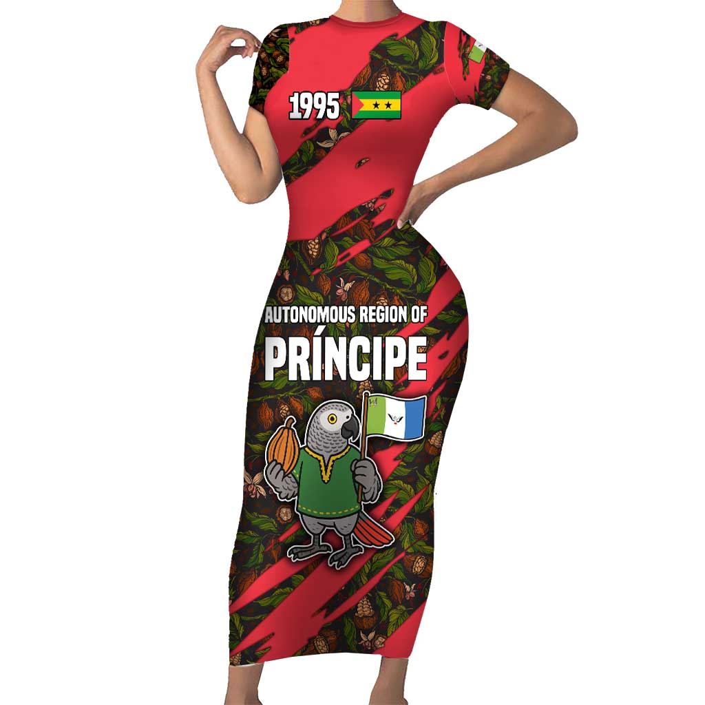 Principe Autonomous Region Short Sleeve Bodycon Dress with Parrot Cacao and 1995 Flag Design - Wonder Print Shop