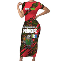 Principe Autonomous Region Short Sleeve Bodycon Dress with Parrot Cacao and 1995 Flag Design - Wonder Print Shop