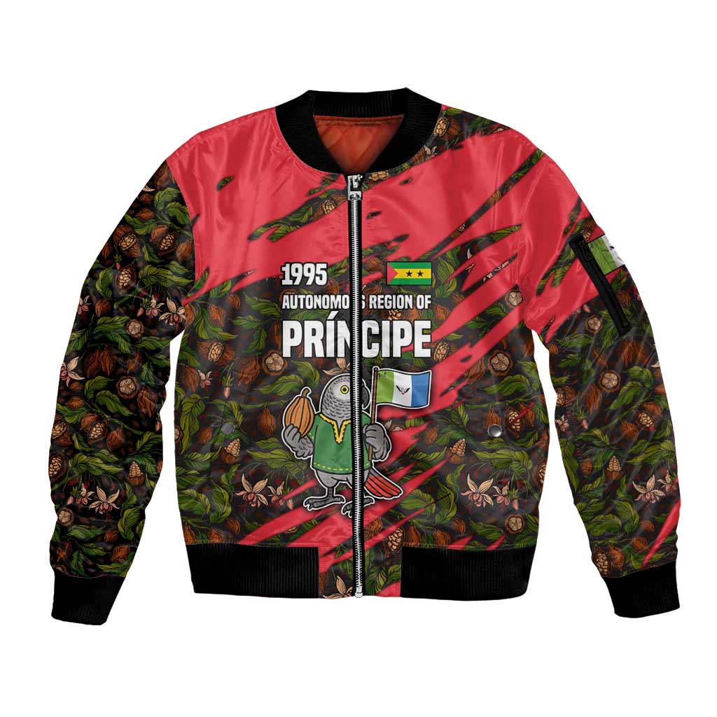 Principe Autonomous Region Sleeve Zip Bomber Jacket with Parrot Cacao and 1995 Flag Design - Wonder Print Shop