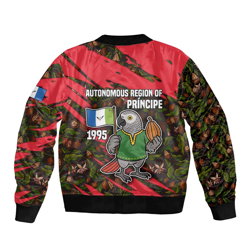 Principe Autonomous Region Sleeve Zip Bomber Jacket with Parrot Cacao and 1995 Flag Design - Wonder Print Shop