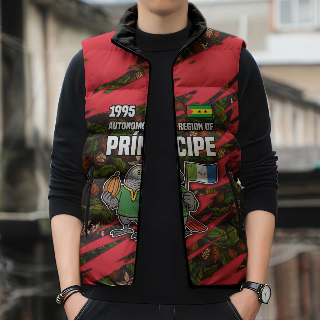 Principe Autonomous Region Sleeveless Puffer Jacket with Parrot Cacao and 1995 Flag Design - Wonder Print Shop