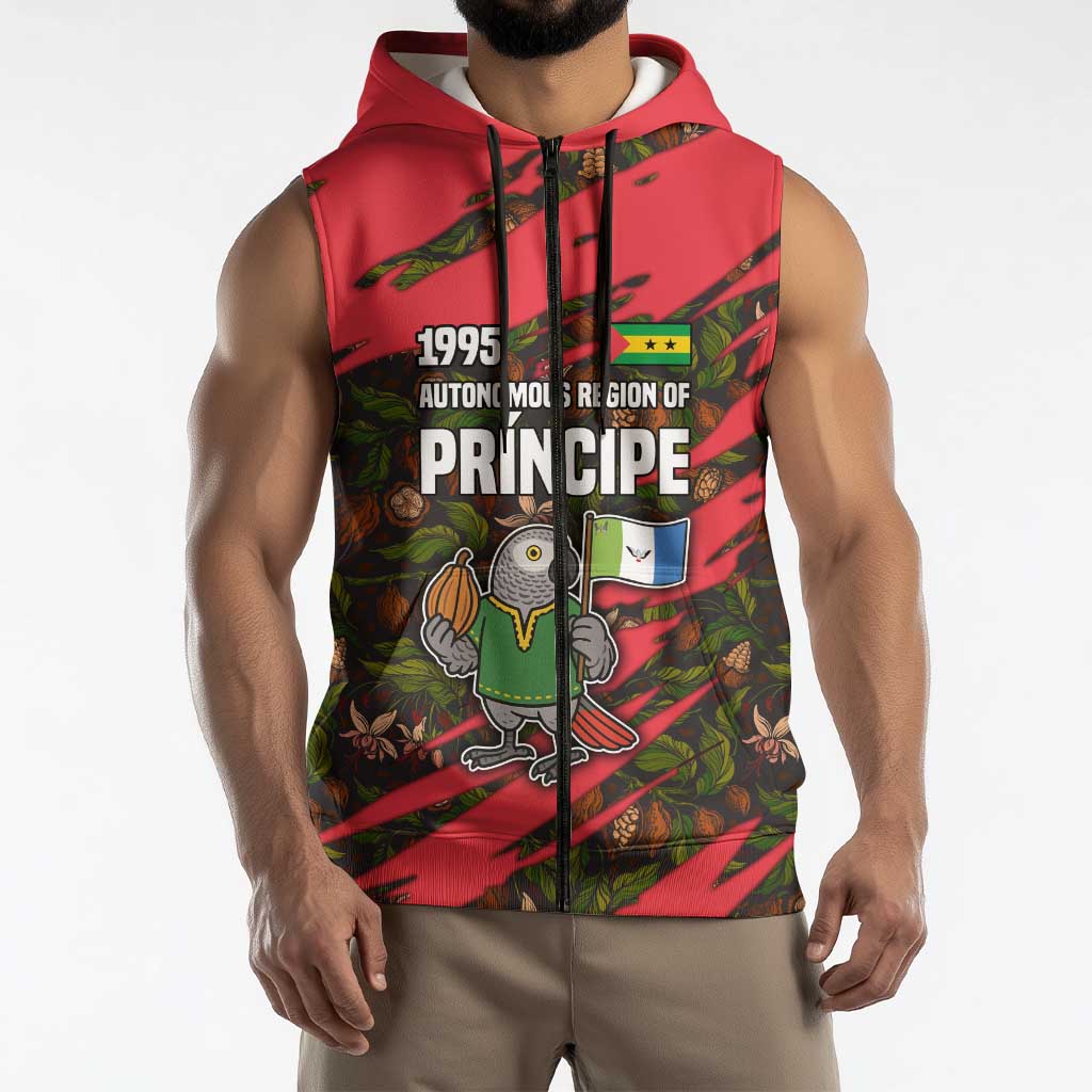 Principe Autonomous Region Sleeveless Zip Hoodie with Parrot Cacao and 1995 Flag Design - Wonder Print Shop