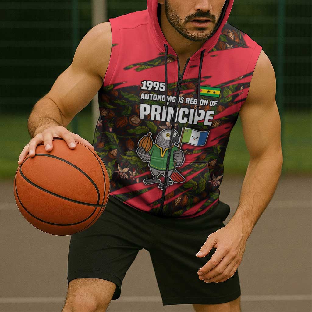 Principe Autonomous Region Sleeveless Zip Hoodie with Parrot Cacao and 1995 Flag Design - Wonder Print Shop