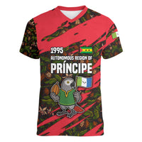 Principe Autonomous Region Women V-Neck T-Shirt with Parrot Cacao and 1995 Flag Design - Wonder Print Shop