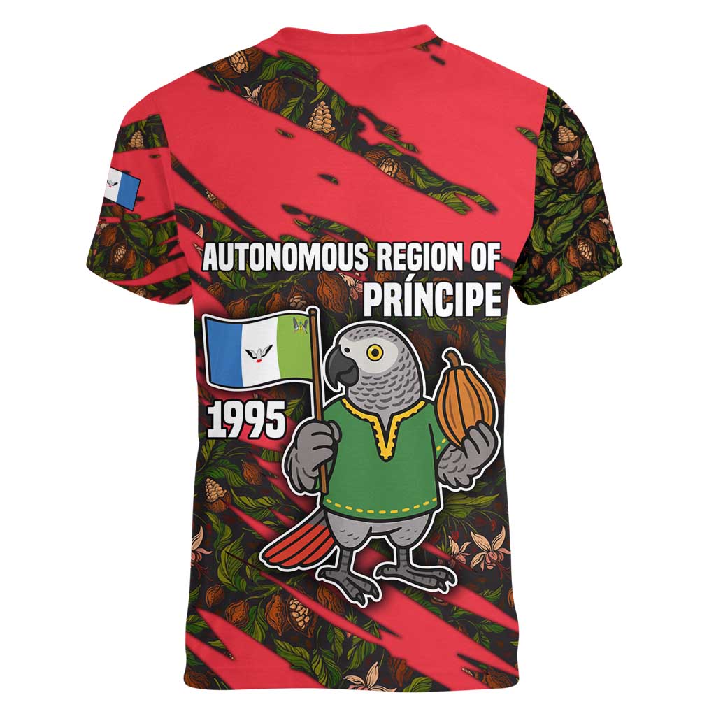 Principe Autonomous Region Women V-Neck T-Shirt with Parrot Cacao and 1995 Flag Design - Wonder Print Shop