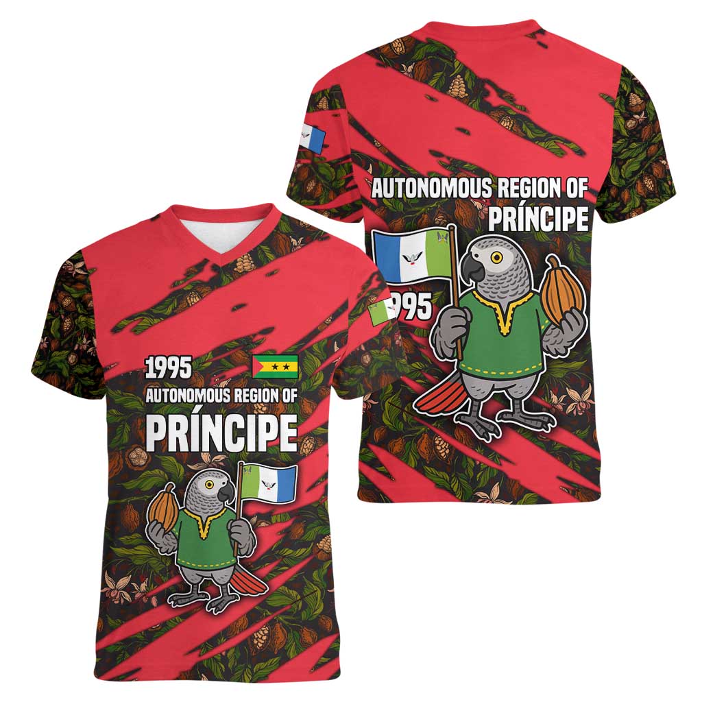 Principe Autonomous Region Women V-Neck T-Shirt with Parrot Cacao and 1995 Flag Design - Wonder Print Shop