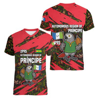 Principe Autonomous Region Women V-Neck T-Shirt with Parrot Cacao and 1995 Flag Design - Wonder Print Shop