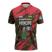 Principe Autonomous Region Zipper Polo Shirt with Parrot Cacao and 1995 Flag Design - Wonder Print Shop