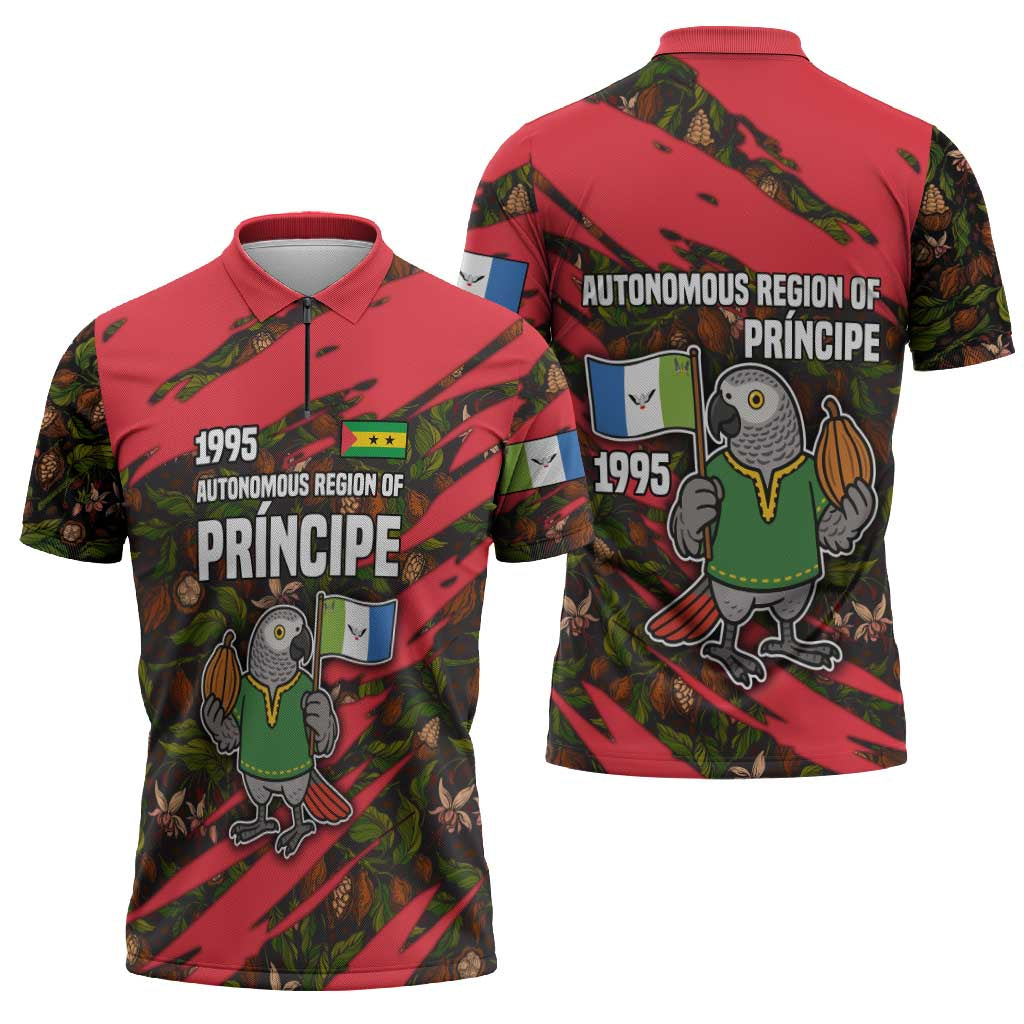 Principe Autonomous Region Zipper Polo Shirt with Parrot Cacao and 1995 Flag Design - Wonder Print Shop