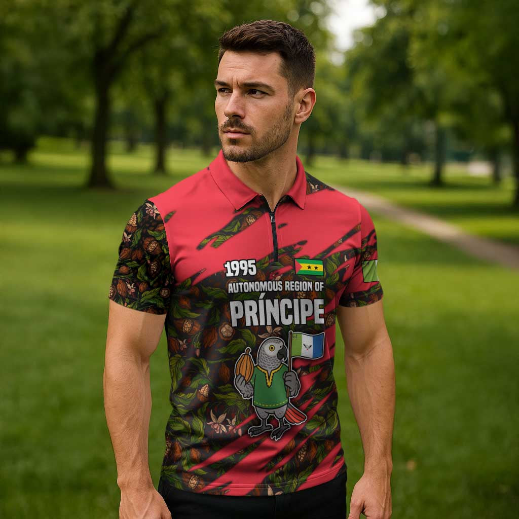 Principe Autonomous Region Zipper Polo Shirt with Parrot Cacao and 1995 Flag Design - Wonder Print Shop