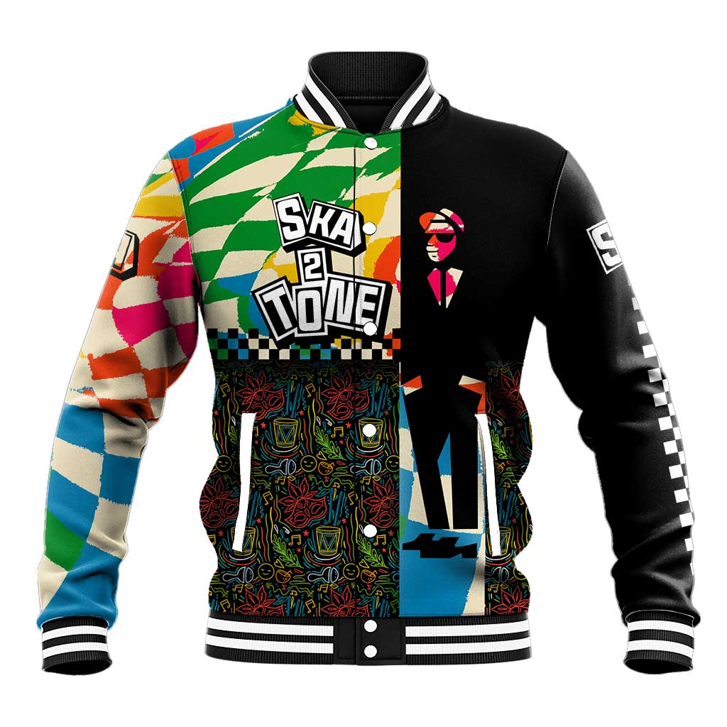 Ska Two Tone Baseball Jacket with Colorful Checkerboard Music Art Carnival Festival - Wonder Print Shop