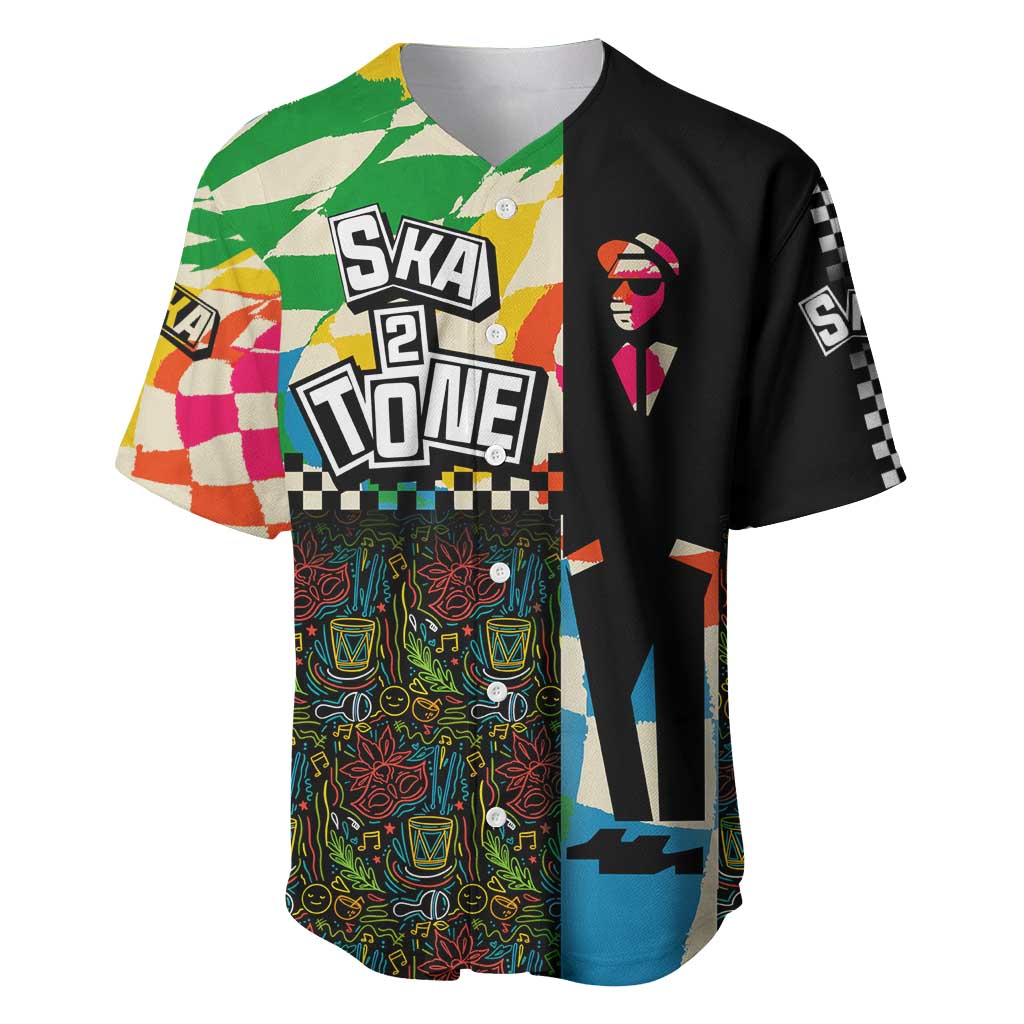 Ska Two Tone Baseball Jersey with Colorful Checkerboard Music Art Carnival Festival - Wonder Print Shop