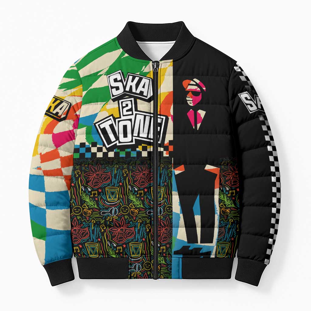 Ska Two Tone Bomber Puffer Jacket with Colorful Checkerboard Music Art Carnival Festival - Wonder Print Shop