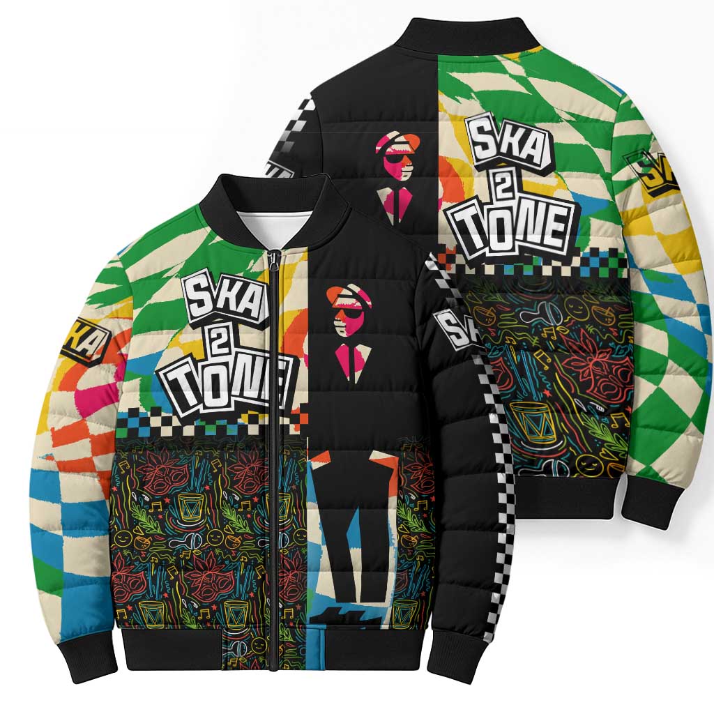 Ska Two Tone Bomber Puffer Jacket with Colorful Checkerboard Music Art Carnival Festival - Wonder Print Shop