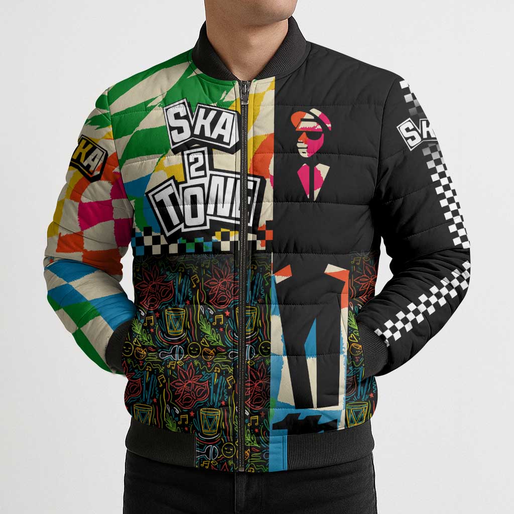 Ska Two Tone Bomber Puffer Jacket with Colorful Checkerboard Music Art Carnival Festival - Wonder Print Shop