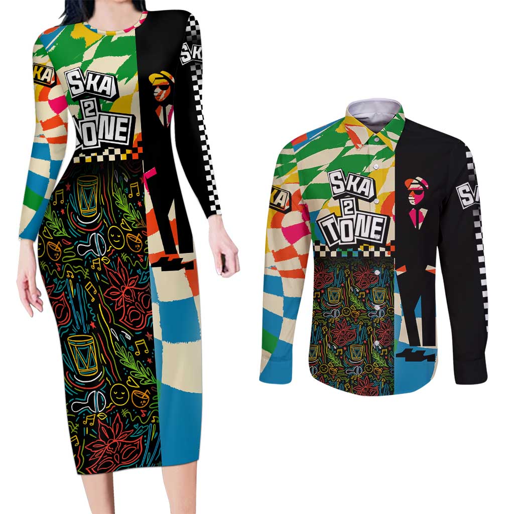 Ska Two Tone Couples Matching Long Sleeve Bodycon Dress and Long Sleeve Button Shirt with Colorful Checkerboard Music Art Carnival Festival - Wonder Print Shop